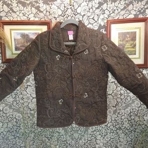 Du Jour brown jacket embroidered quilted unique buttons rouleau loop closure